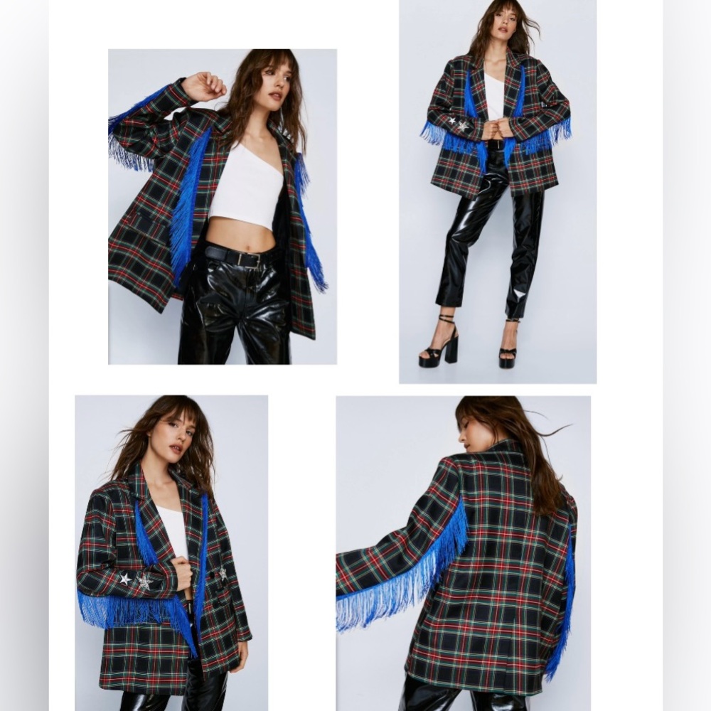 Nasty Gal Womens Premium Plaid Embellished Applique and Fringe Blazer size 16
